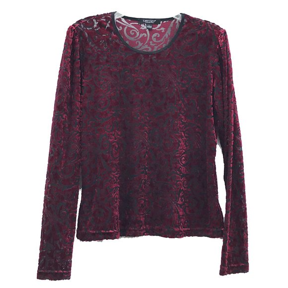 KAREN KANE Red & Black Velvet Burnout Shirt EUC - Picture 1 of 5